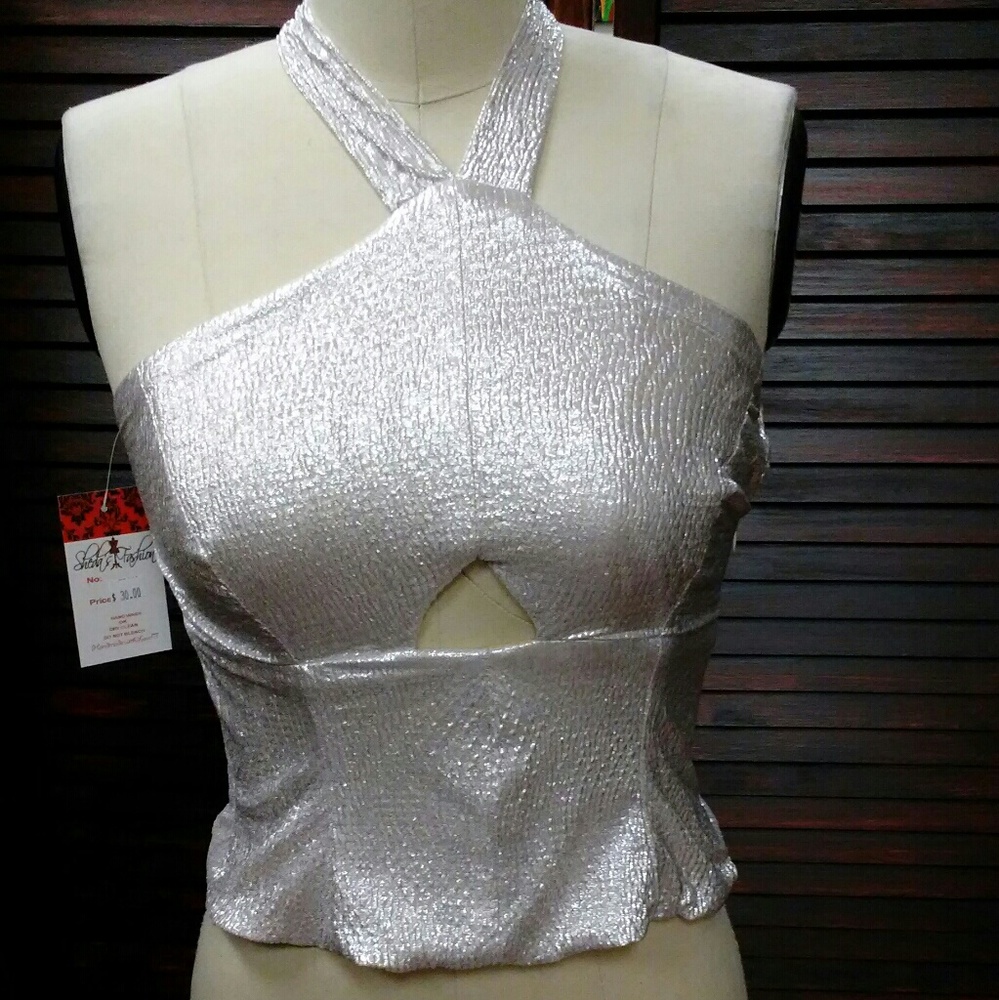 Silver holographic halter rave‎ top with keyhole
